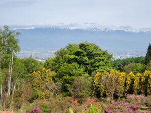 宿の敷地から望む北アルプス。手前には色づいた木々が広がる