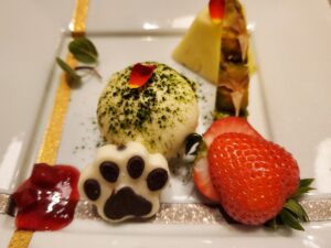 苺と肉球チョコが添えられた可愛いデザート