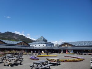 道の駅の外観と広場の様子