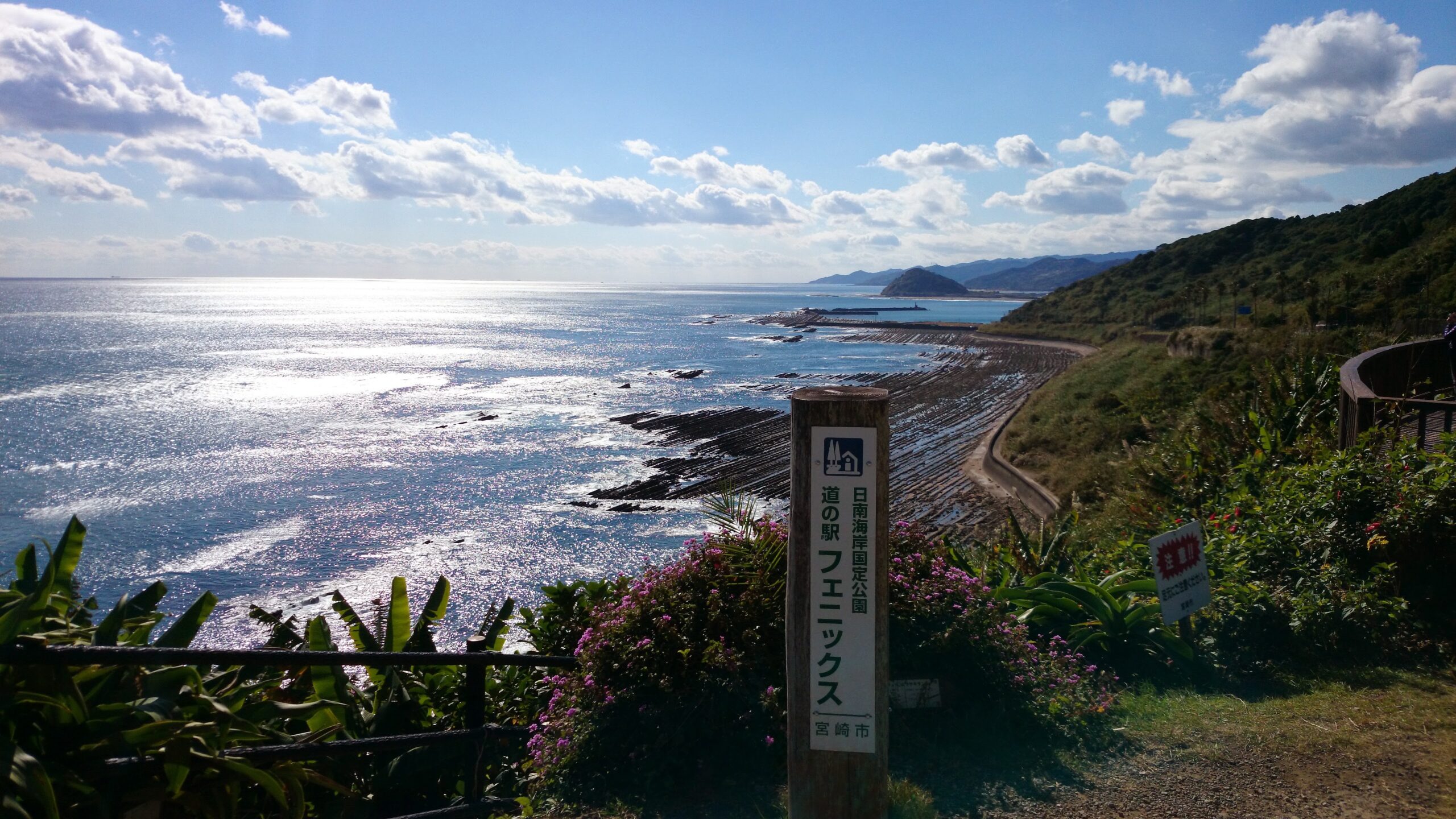 日南フェニックスロードの絶景と海岸線を望む展望台からの風景。道の駅フェニックスの看板が手前に立ち、青空と海の輝きが広がる。