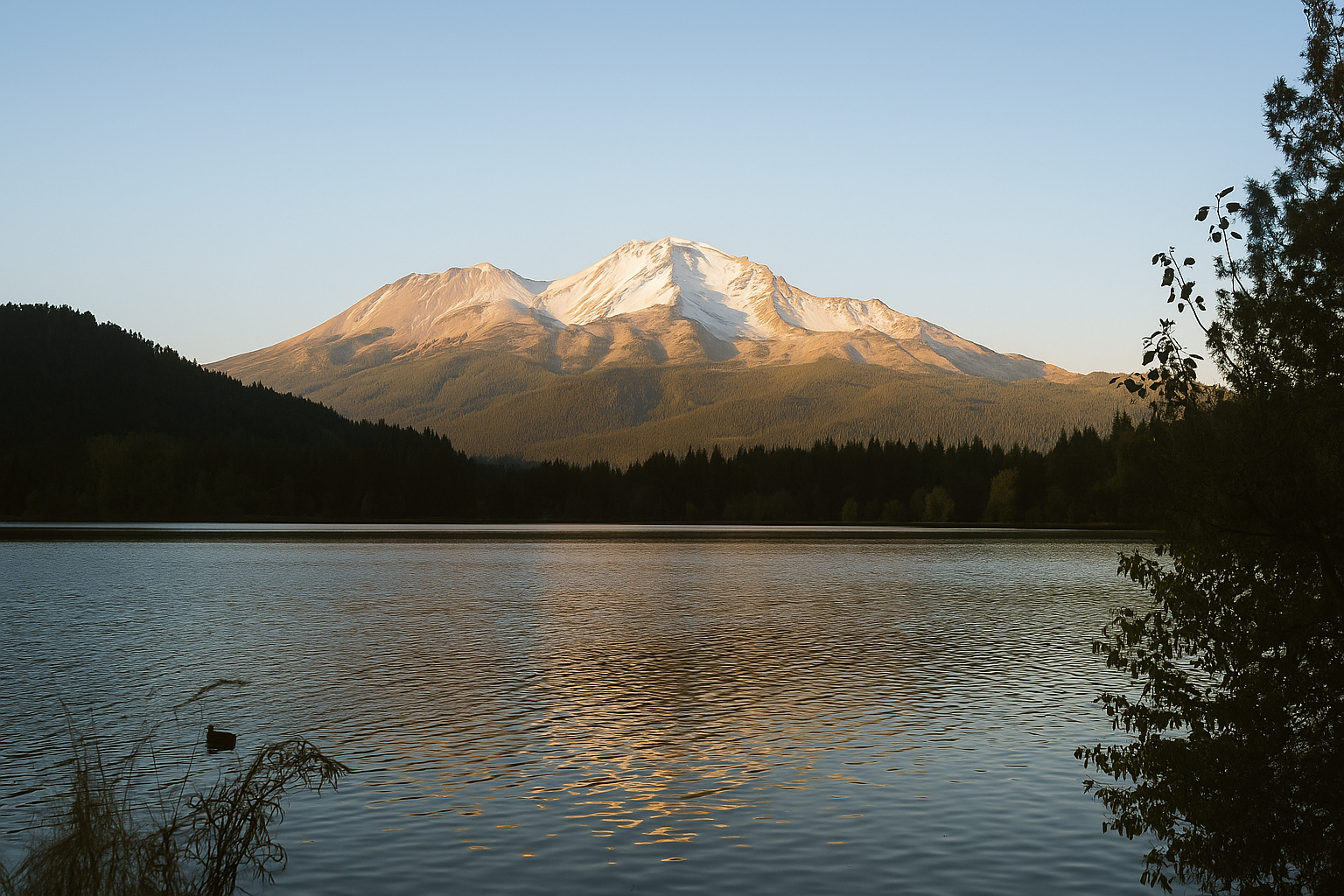 レイクシスキューから望むシャスタ山と湖の絶景
