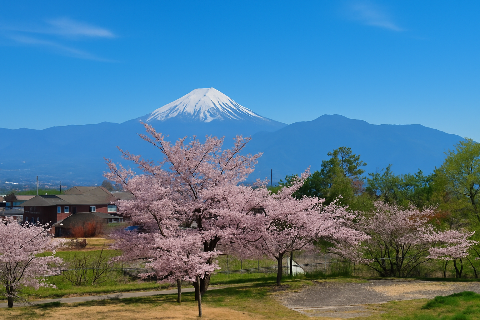 桃花橋から望む桜と富士山の絶景