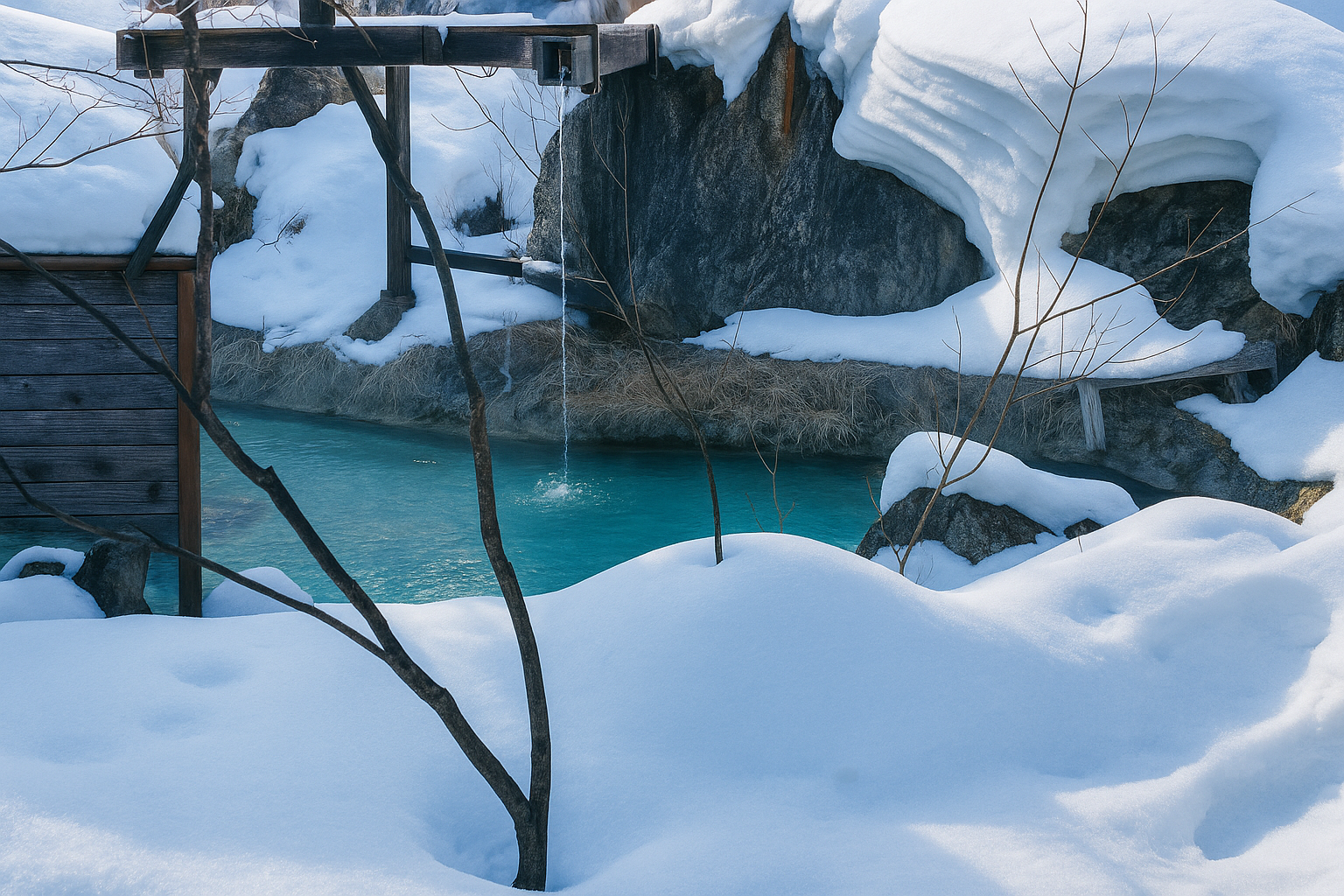 雪に囲まれた白骨温泉「泡の湯」の名物・混浴露天風呂。乳白色の湯が静かに湯気を立てている冬の風景